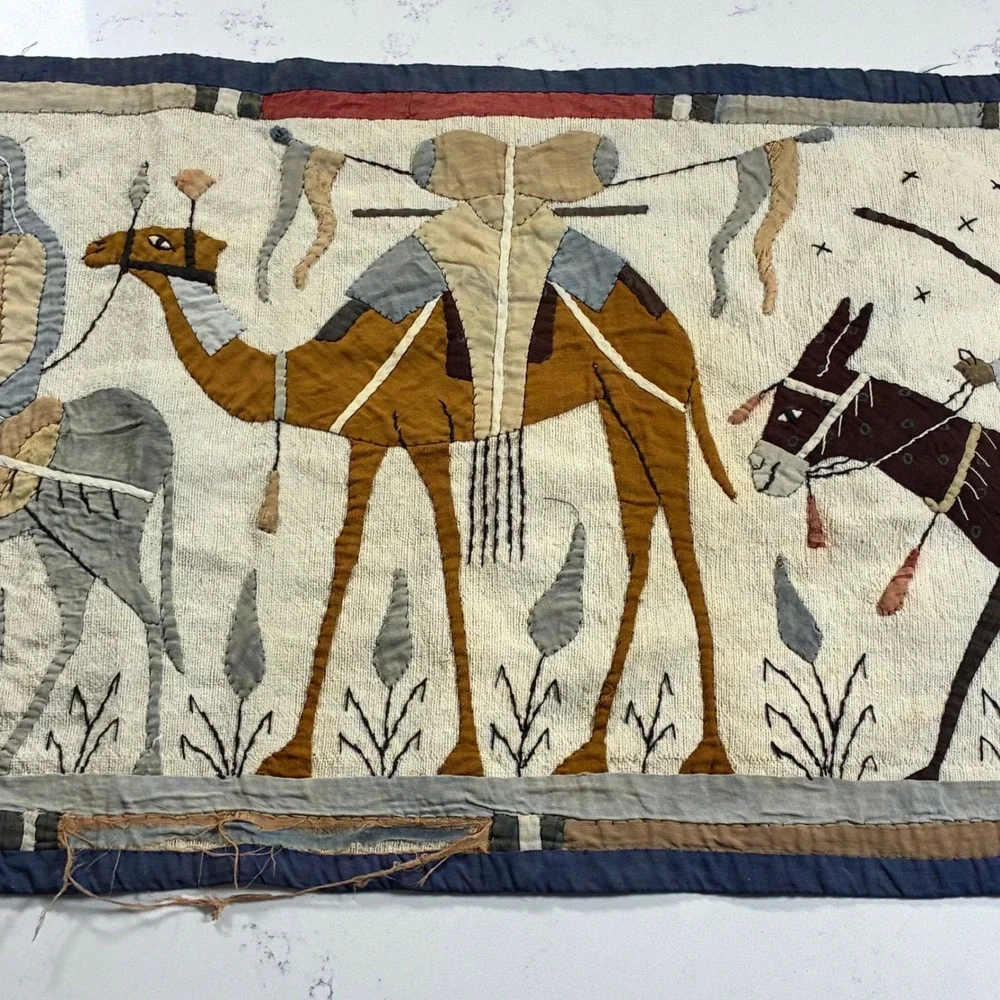 Antique Egyptian Khayamiya Hand Applique Wall Hanging Desert Caravan Folk Art
